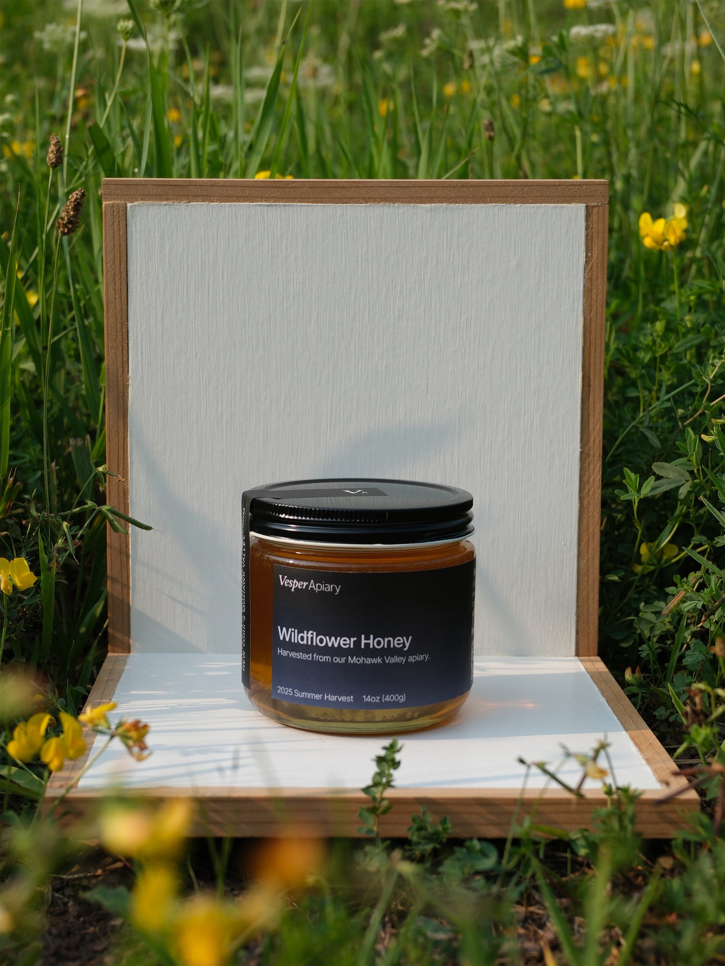 Jar of Wildflower Honey from Vesper Apiary in a white display stand with a natural background